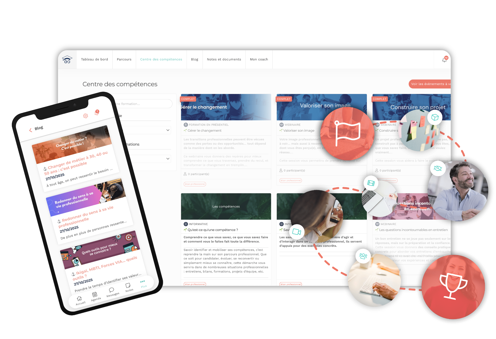 Aperçu de l'interface Teasio : centre des compétences, application mobile et fonctionnalités clés